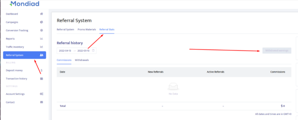 Mondiad referral commisions withdrawal