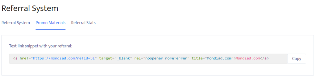 Фрагмент ссылки реферальной системы Mondiad