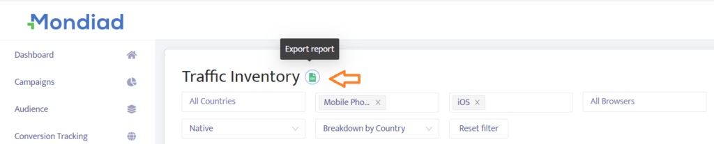 Mondiad traffic inventory export
