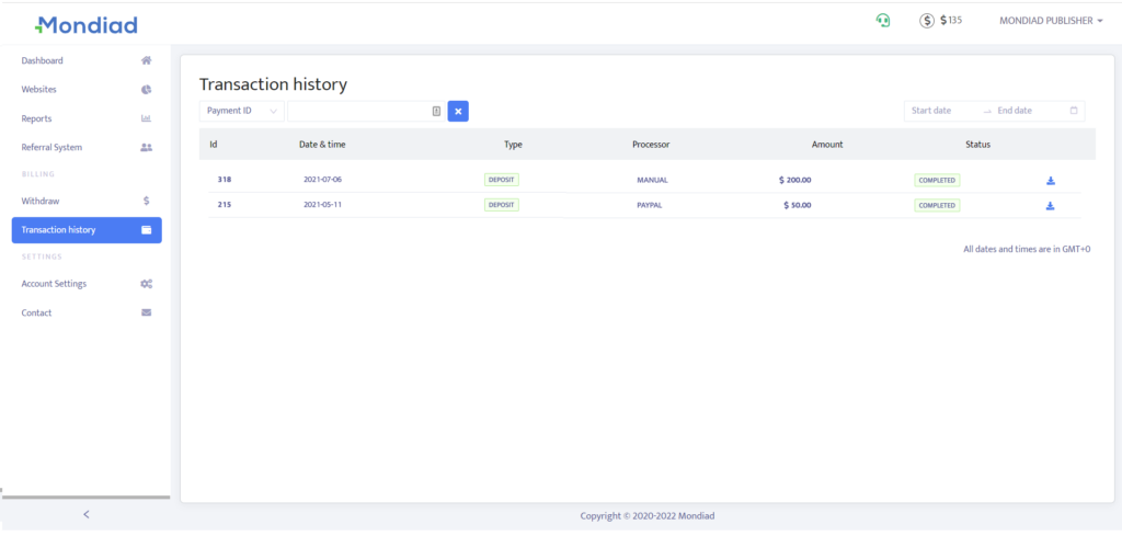 История транзакций Mondiad