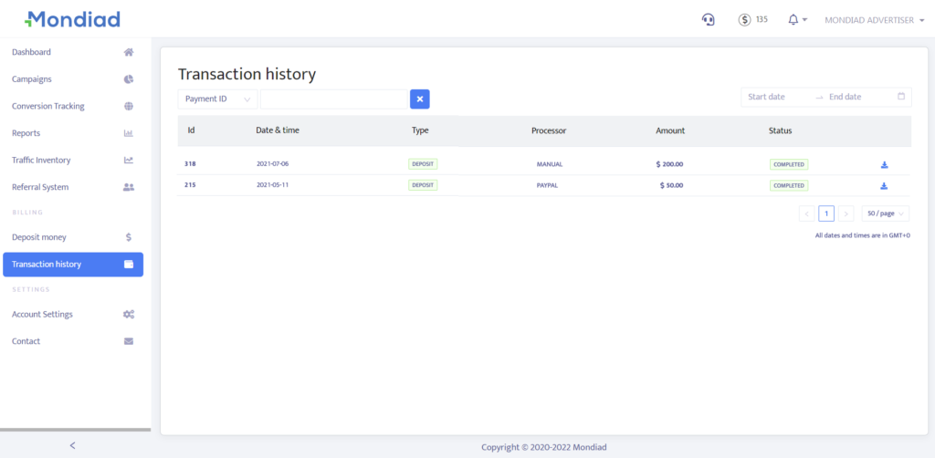 История транзакций Mondiad
